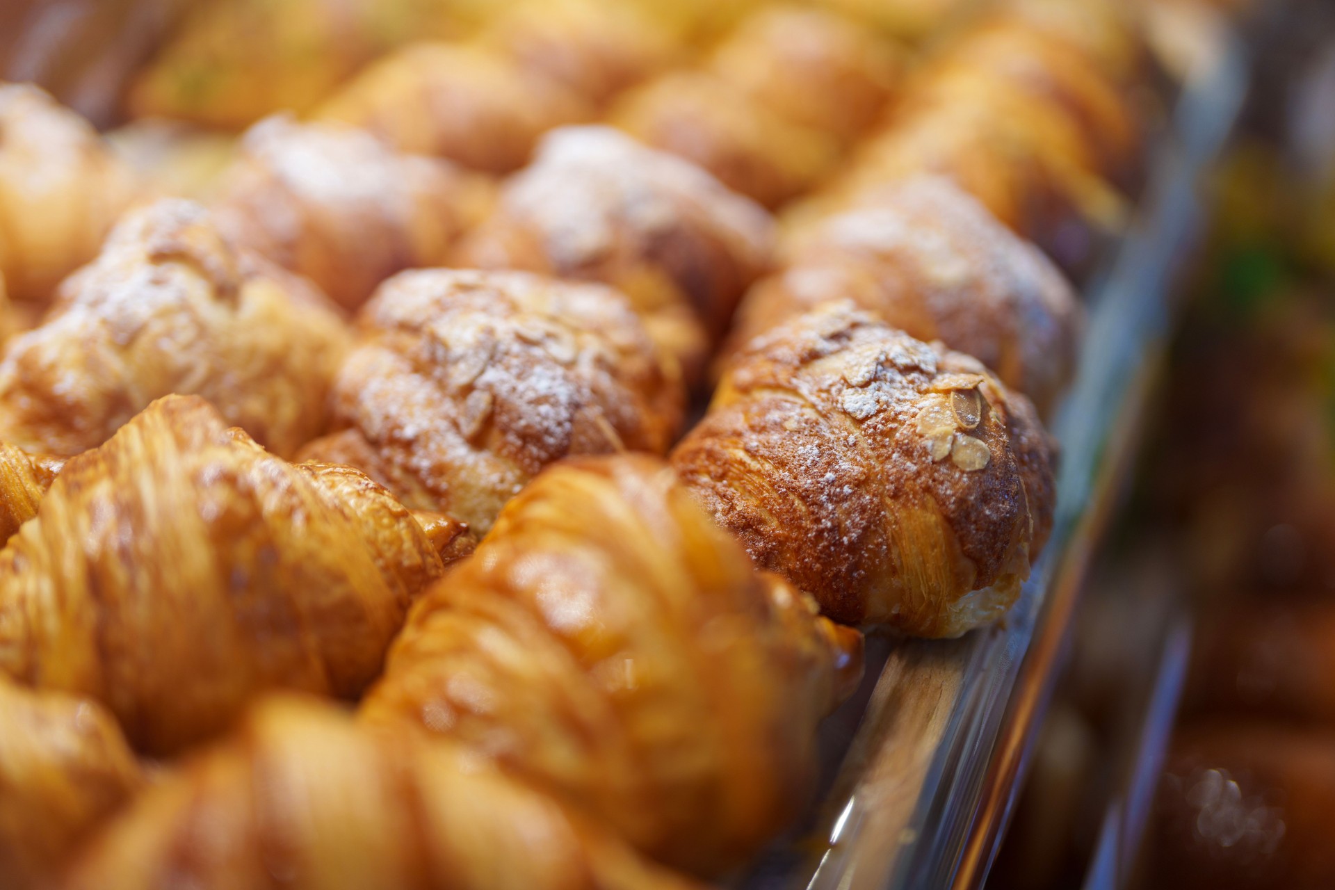 Freshly baked croissants displayed on a shelf in a bakery shop